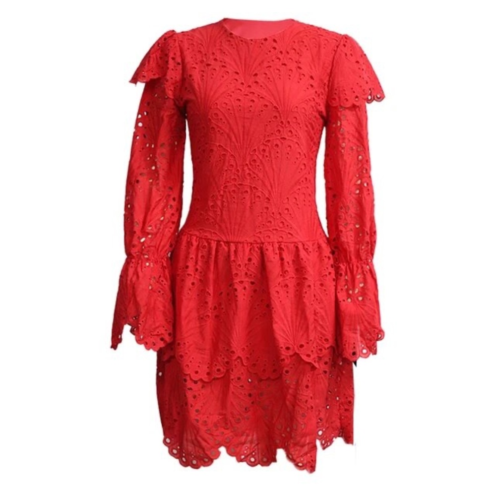 Red Eyelet Scalloped Trim Dress